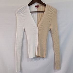 STAUD Two-Tone Ribbed Button-Front Cardigan in White and Beige